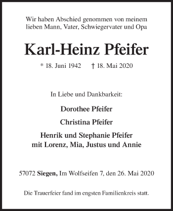 Traueranzeige von Karl-Heinz Pfeifer von Siegener Zeitung