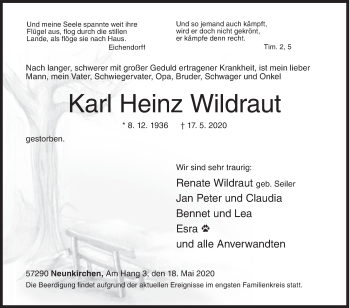 Traueranzeige von Karl Heinz Wildraut von Siegener Zeitung