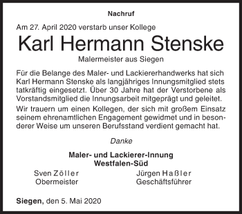 Traueranzeige von Karl Hermann Stenske von Siegener Zeitung