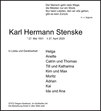 Traueranzeige von Karl Hermann Stenske von Siegener Zeitung