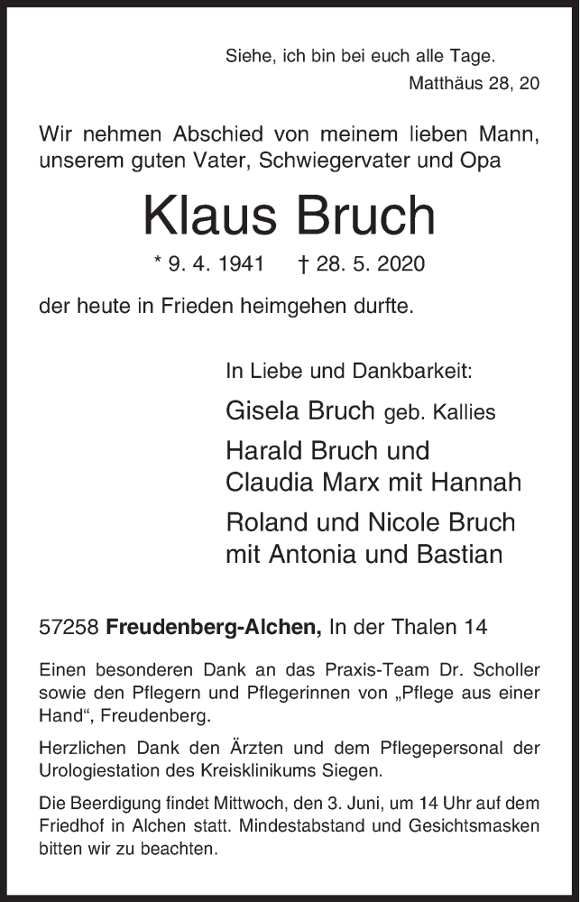 Traueranzeige für Klaus Bruch vom 30.05.2020 aus Siegener Zeitung
