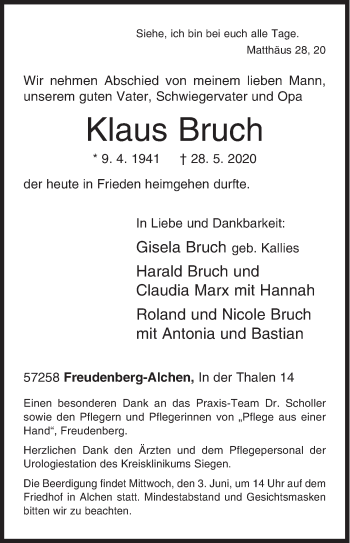 Traueranzeige von Klaus Bruch von Siegener Zeitung
