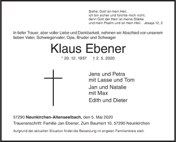 Traueranzeige von Klaus Ebener von Siegener Zeitung