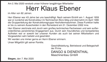 Traueranzeige von Klaus Ebener von Siegener Zeitung