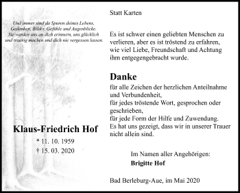 Traueranzeige von Klaus-Friedrich Hof von Siegener Zeitung