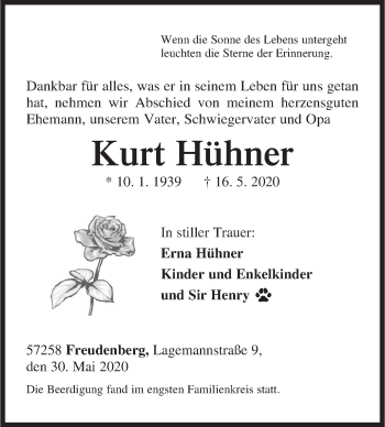 Traueranzeige von Kurt Hühner von Siegener Zeitung