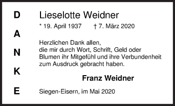 Traueranzeige von Lieselotte Weidner von Siegener Zeitung