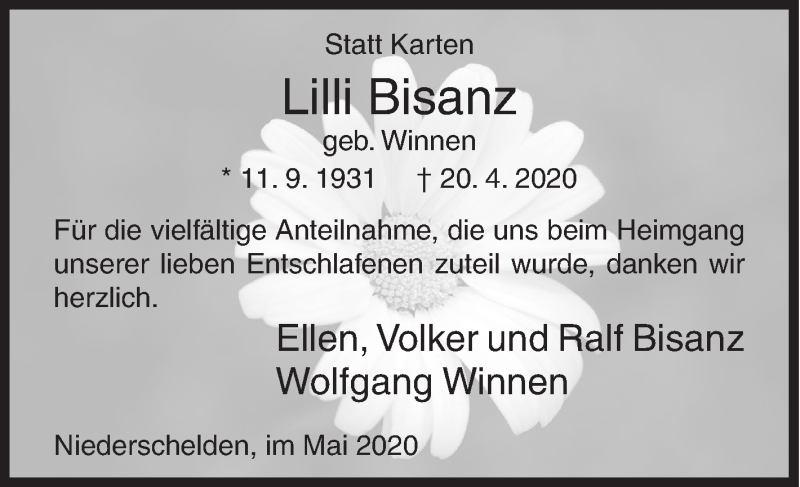  Traueranzeige für Lilli Bisanz vom 23.05.2020 aus Siegener Zeitung