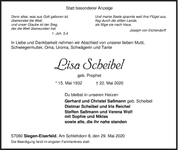 Traueranzeige von Lisa Scheibel von Siegener Zeitung
