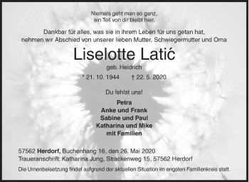 Traueranzeige von Liselotte Latic von Siegener Zeitung