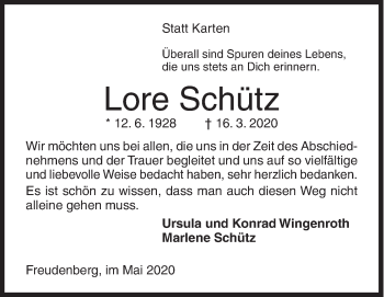 Traueranzeige von Lore Schütz von Siegener Zeitung