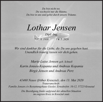 Traueranzeige von Lothar Jensen von Siegener Zeitung