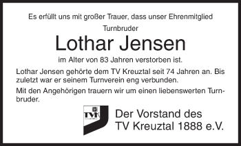 Traueranzeige von Lothar Jensen von Siegener Zeitung