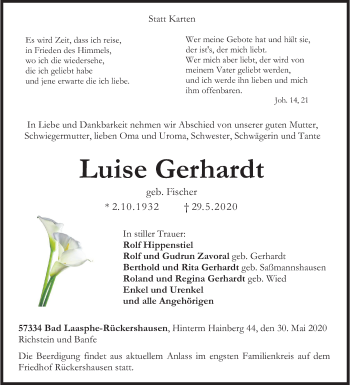 Traueranzeige von Luise Gerhardt von Siegener Zeitung