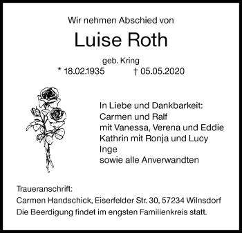 Traueranzeige von Luise Roth von Siegener Zeitung
