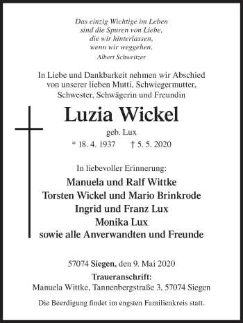 Traueranzeige von Luzia Wickel von Siegener Zeitung