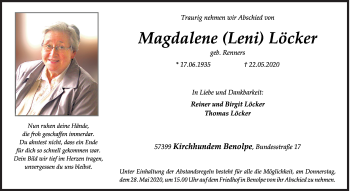 Traueranzeige von Magdalene Löcker von Siegener Zeitung