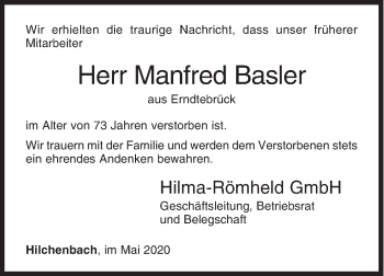 Traueranzeige von Manfred Basler von Siegener Zeitung