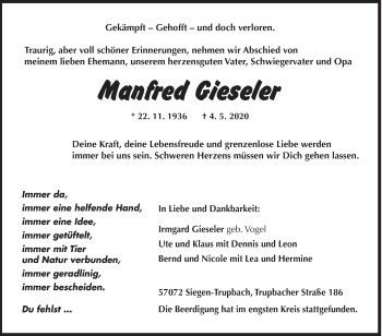 Traueranzeige von Manfred Gieseler von Siegener Zeitung