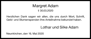 Traueranzeige von Margret Adam von Siegener Zeitung