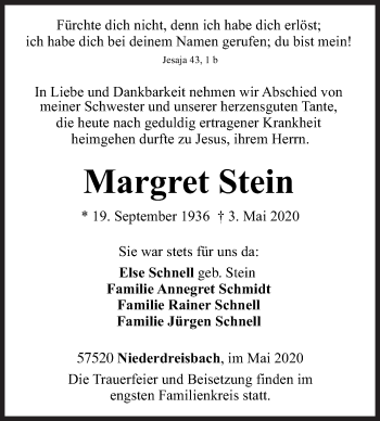 Traueranzeige von Margret Stein von Siegener Zeitung