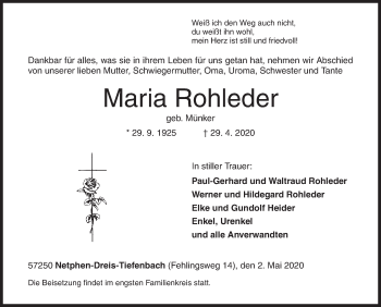 Traueranzeige von Maria Rohleder von Siegener Zeitung