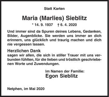Traueranzeige von Maria Sieblitz von Siegener Zeitung