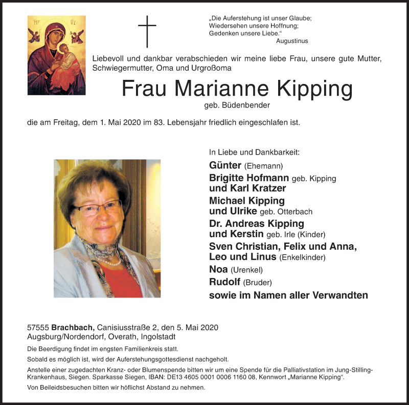  Traueranzeige für Marianne Kipping vom 05.05.2020 aus Siegener Zeitung