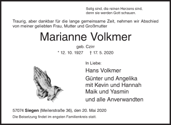 Traueranzeige von Marianne Volkmer von Siegener Zeitung