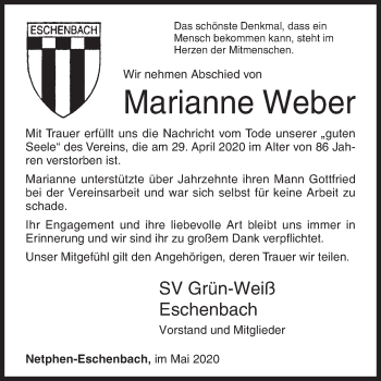 Traueranzeige von Marianne Weber von Siegener Zeitung