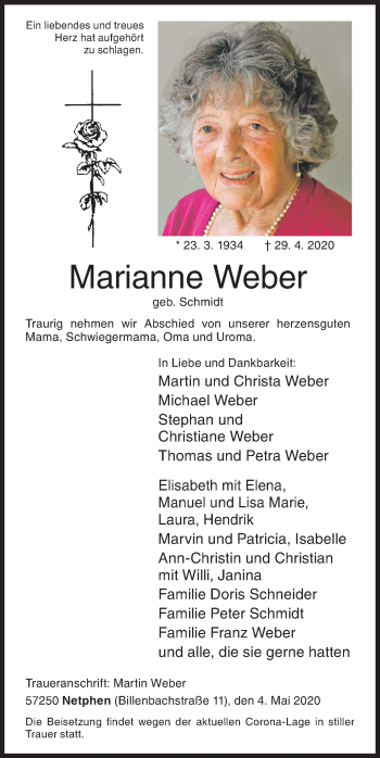 Traueranzeige von Marianne Weber von Siegener Zeitung