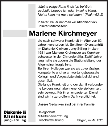 Traueranzeige von Marlene Kirchmeyer von Siegener Zeitung