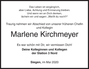 Traueranzeige von Marlene Kirchmeyer von Siegener Zeitung