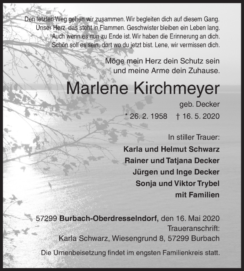  Traueranzeige für Marlene Kirchmeyer vom 20.05.2020 aus Siegener Zeitung