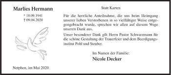 Traueranzeige von Marlies Hermann von Siegener Zeitung
