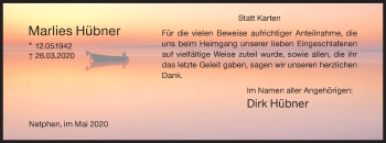 Traueranzeige von Marlies Hübner von Siegener Zeitung