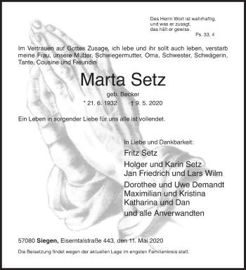 Traueranzeige von Marta Setz von Siegener Zeitung