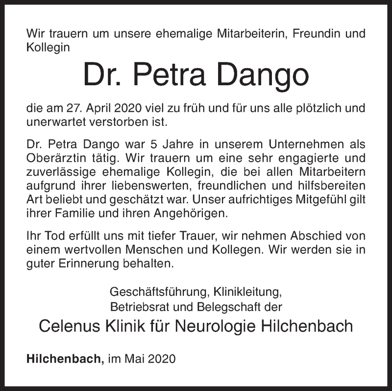  Traueranzeige für Petra Dango vom 14.05.2020 aus Siegener Zeitung