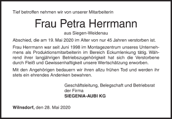Traueranzeige von Petra Herrmann von Siegener Zeitung