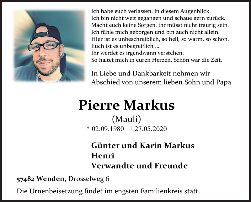  Traueranzeige für Pierre Markus vom 30.05.2020 aus Siegener Zeitung