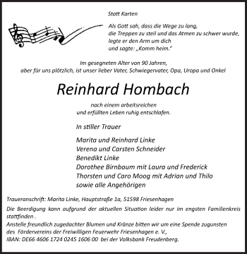 Traueranzeige von Reinhard Hombach von Siegener Zeitung