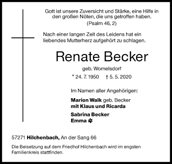 Traueranzeige von Renate Becker von Siegener Zeitung