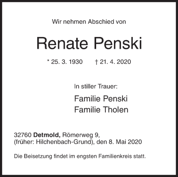 Traueranzeige von Renate Penski von Siegener Zeitung