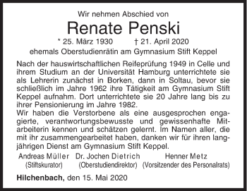 Traueranzeige von Renate Penski von Siegener Zeitung