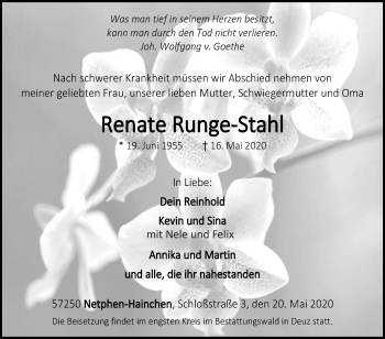Traueranzeige von Renate Runge-Stahl von Siegener Zeitung