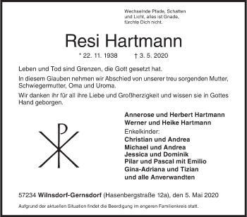 Traueranzeige von Resi Hartmann von Siegener Zeitung