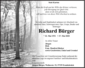 Traueranzeige von Richard Bürger von Siegener Zeitung