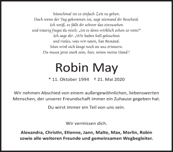 Traueranzeige von Robin May von Siegener Zeitung