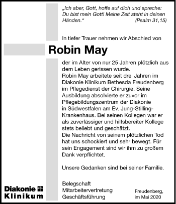 Traueranzeige von Robin May von Siegener Zeitung