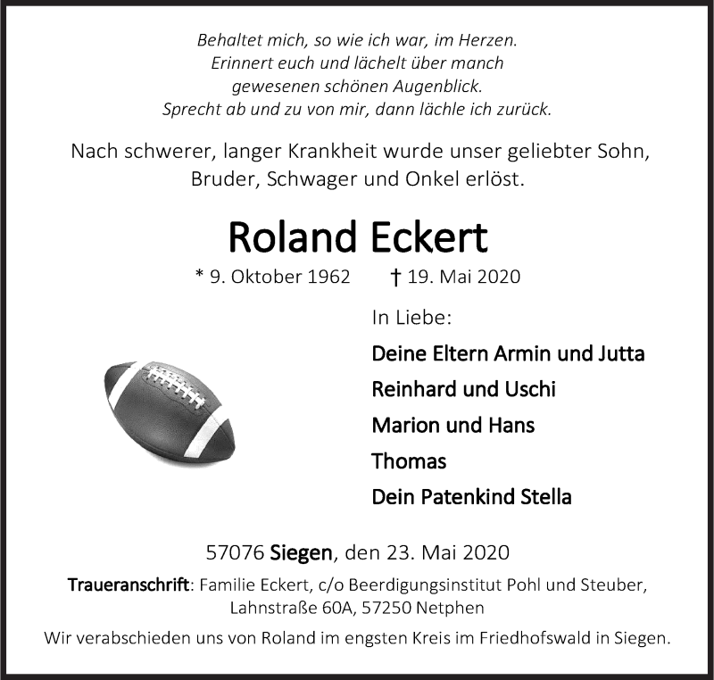  Traueranzeige für Roland Eckert vom 23.05.2020 aus Siegener Zeitung